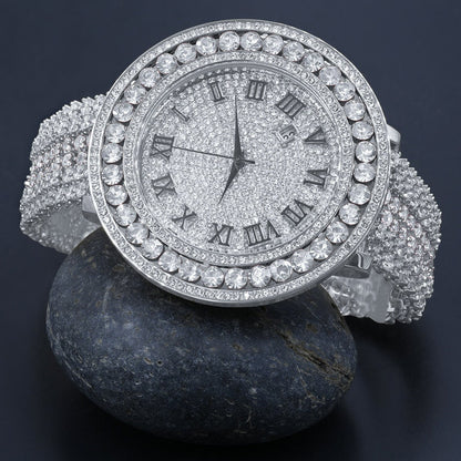 Roman numeral Dial White Gold Finish Simulated Diamond Solitaire Face Mens Custom Watch W/Date