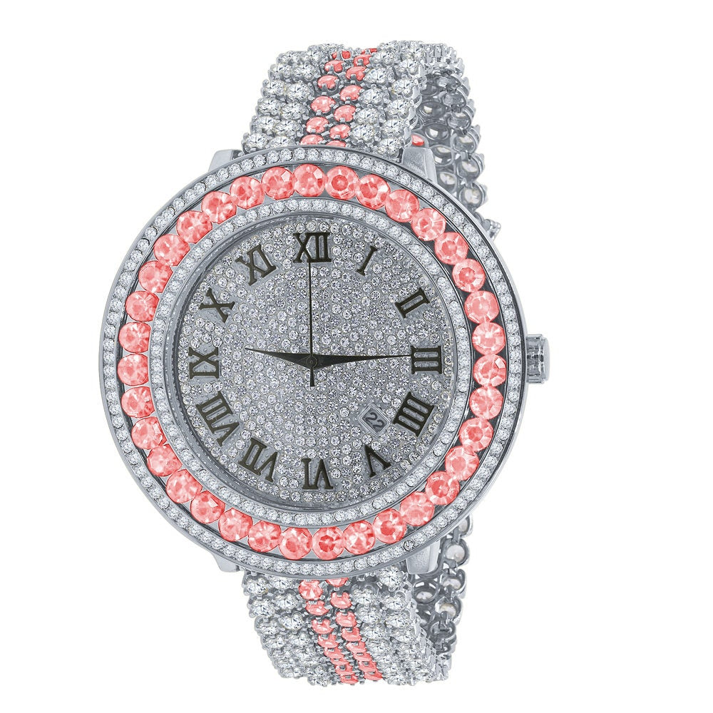 Pink Solitaire Bezel Roman numeral Dial White Gold Finish Simulated Diamond Mens Custom Watch W/Date