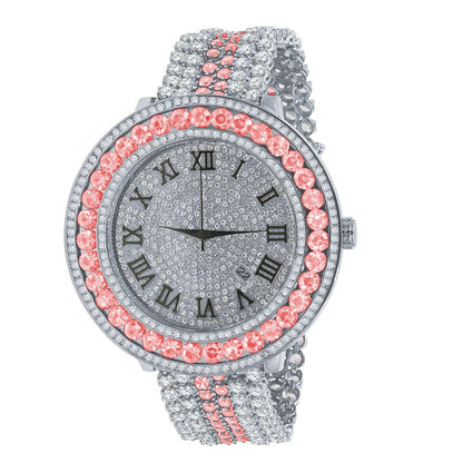 Pink Solitaire Bezel Roman numeral Dial White Gold Finish Simulated Diamond Mens Custom Watch W/Date