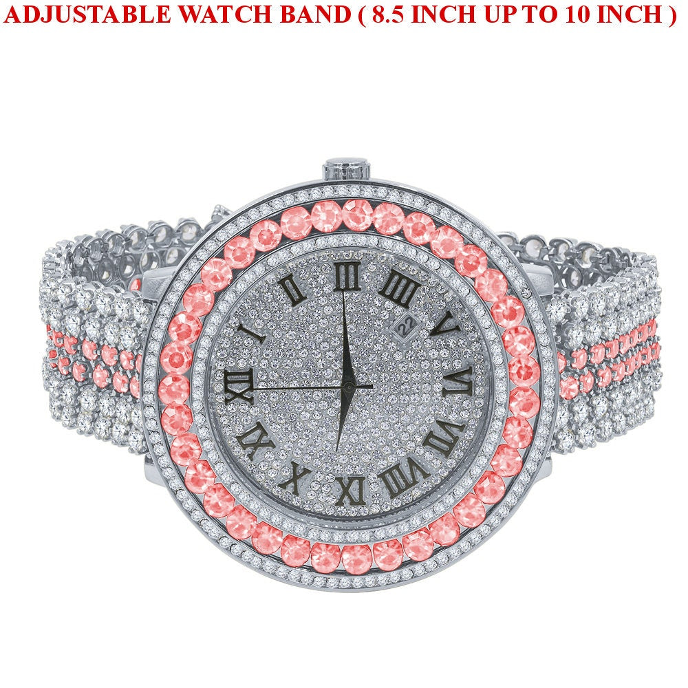 Pink Solitaire Bezel Roman numeral Dial White Gold Finish Simulated Diamond Mens Custom Watch W/Date