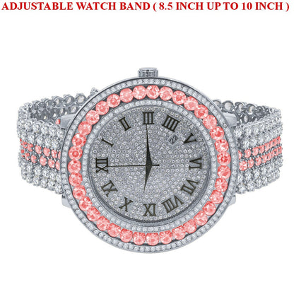 Pink Solitaire Bezel Roman numeral Dial White Gold Finish Simulated Diamond Mens Custom Watch W/Date