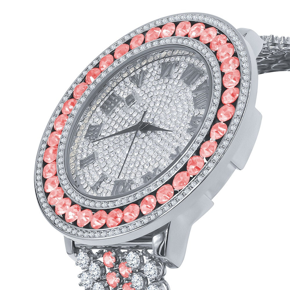 Pink Solitaire Bezel Roman numeral Dial White Gold Finish Simulated Diamond Mens Custom Watch W/Date