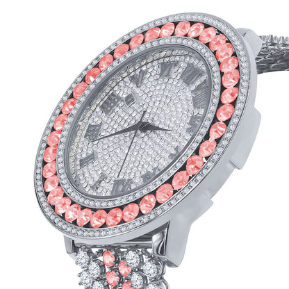 Pink Solitaire Bezel Roman numeral Dial White Gold Finish Simulated Diamond Mens Custom Watch W/Date