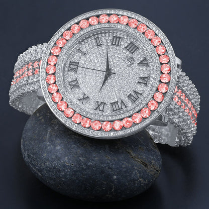 Pink Solitaire Bezel Roman numeral Dial White Gold Finish Simulated Diamond Mens Custom Watch W/Date