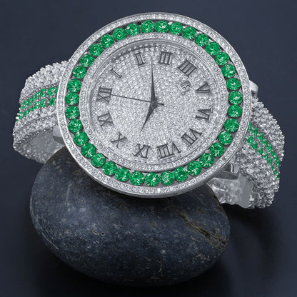 Mens Green Solitaire Bezel Roman numeral Dial White Gold Finish Simulated Diamond Custom Watch W/Date