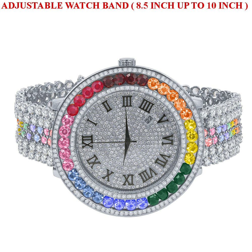 Multi Rainbow Solitaire Bezel Roman numeral Dial White Gold Finish Simulated Diamond Custom Mens Watch W/Date
