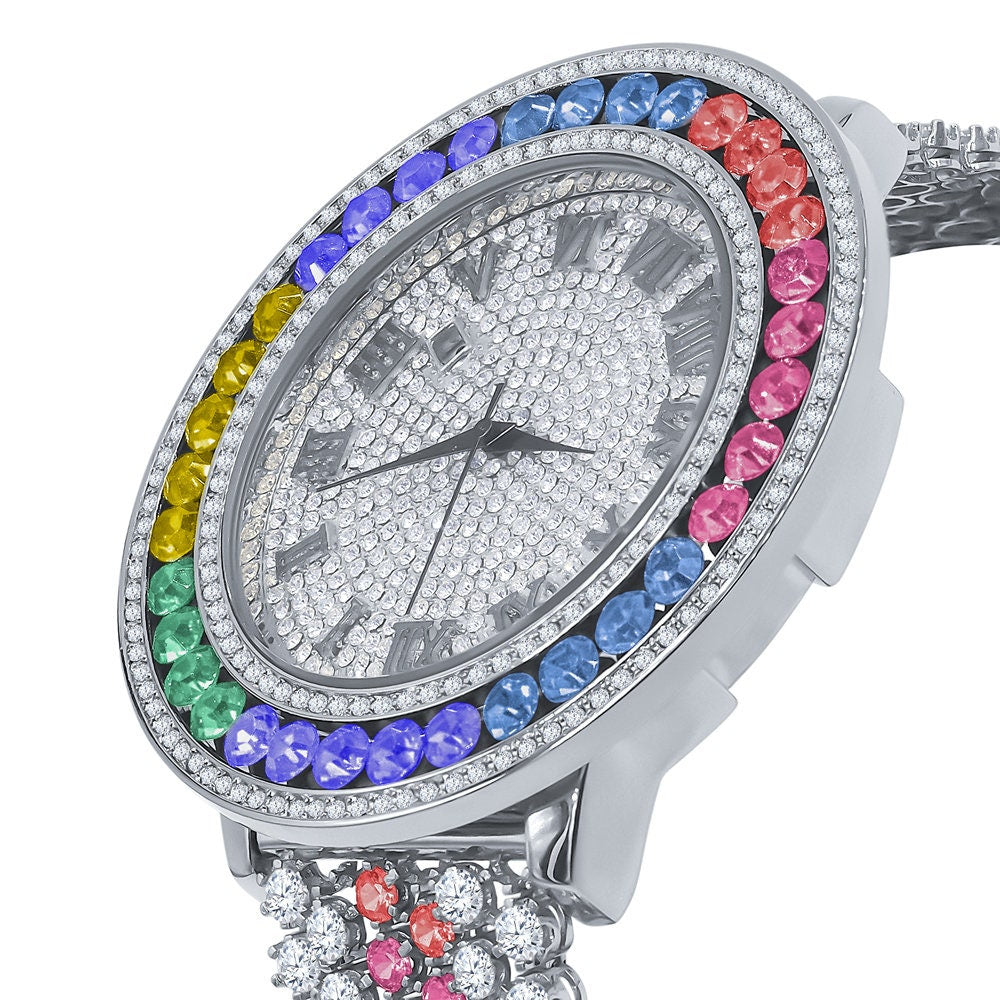 Multi Rainbow Solitaire Bezel Roman numeral Dial White Gold Finish Simulated Diamond Custom Mens Watch W/Date