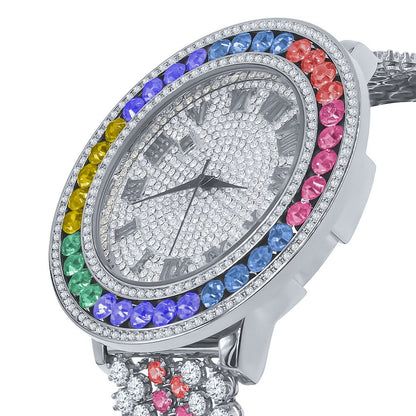 Multi Rainbow Solitaire Bezel Roman numeral Dial White Gold Finish Simulated Diamond Custom Mens Watch W/Date