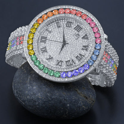 Multi Rainbow Solitaire Bezel Roman numeral Dial White Gold Finish Simulated Diamond Custom Mens Watch W/Date