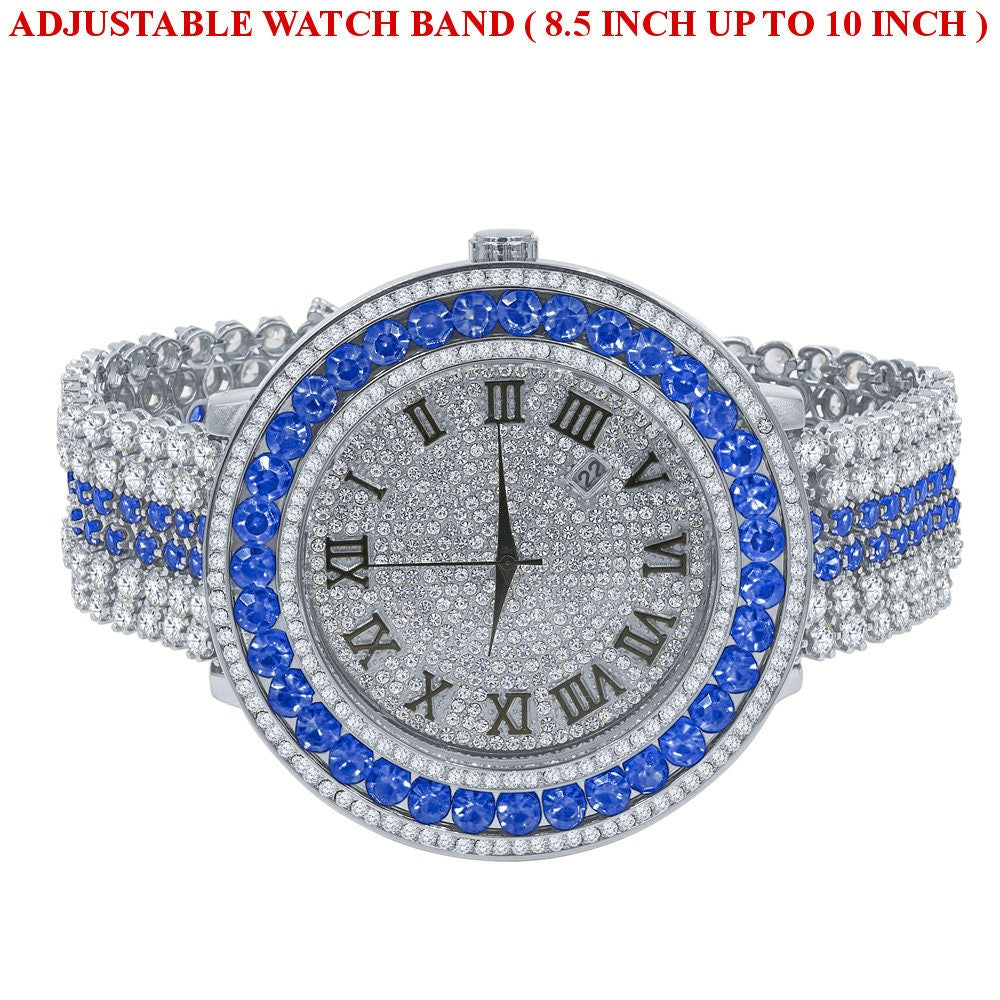 Blue Solitaire Bezel Roman numeral Dial White Gold Finish Simulated Diamond Custom Mens Watch W/Date