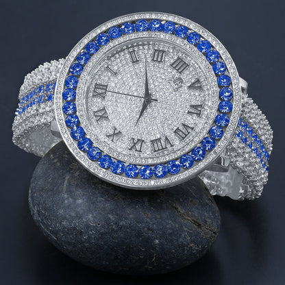Blue Solitaire Bezel Roman numeral Dial White Gold Finish Simulated Diamond Custom Mens Watch W/Date