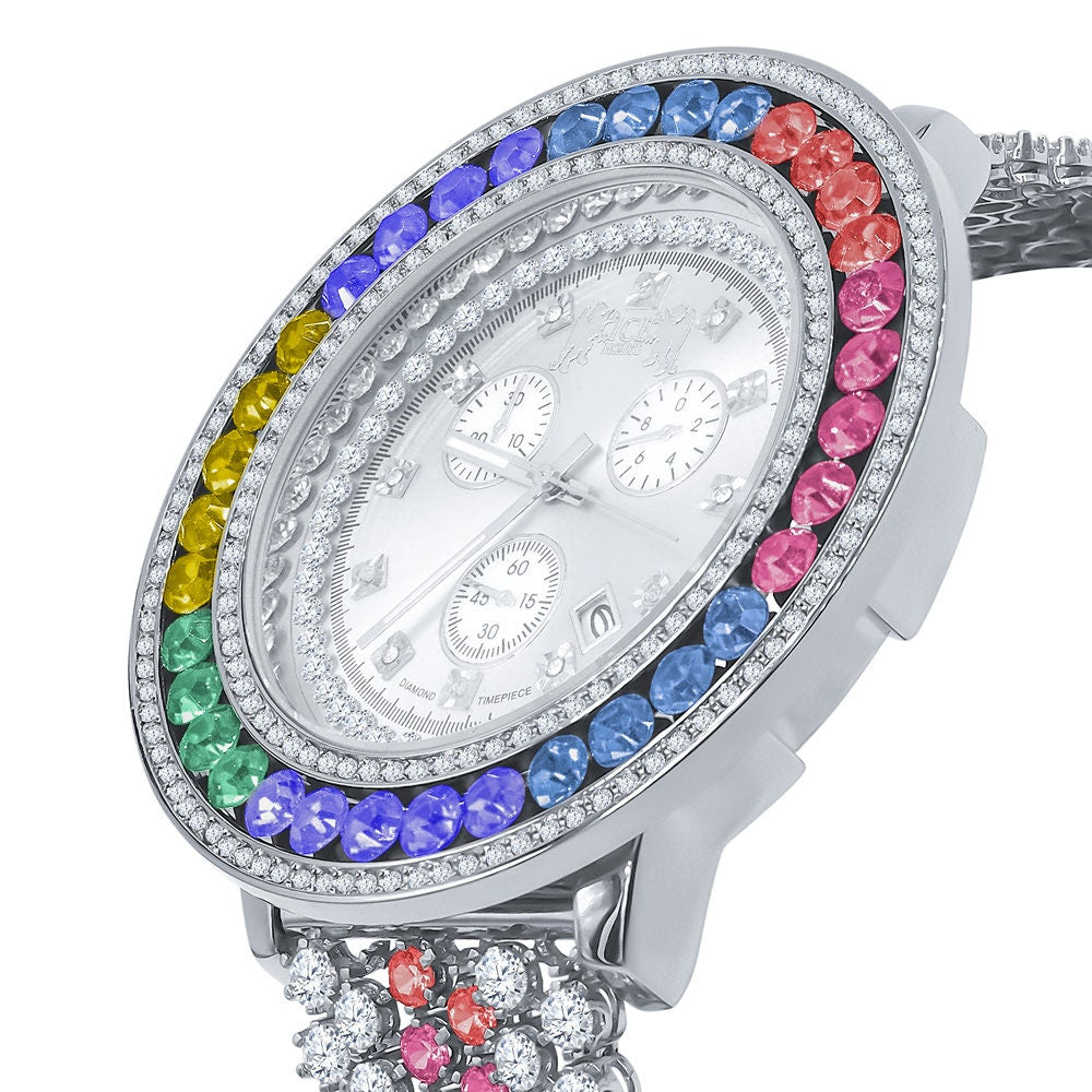 Mens Custom Watch Rainbow Multi Tone Real Diamond Dial 18k White Gold Finish Stainless Steel Back XL 60mm  W/Date