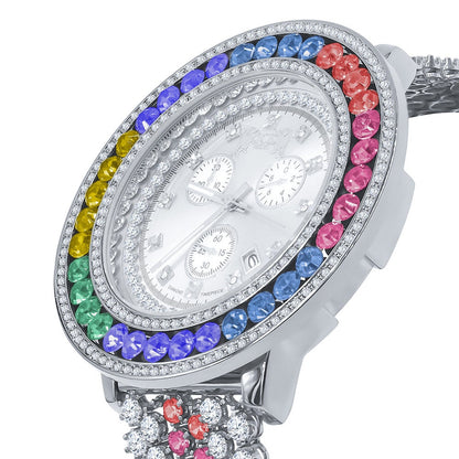 Mens Custom Watch Rainbow Multi Tone Real Diamond Dial 18k White Gold Finish Stainless Steel Back XL 60mm  W/Date