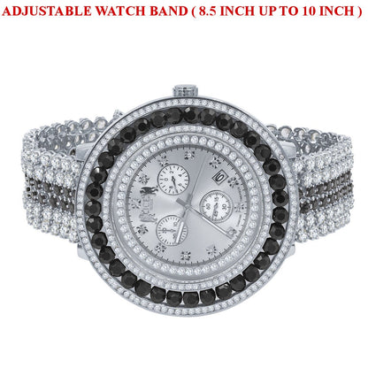 Big XL 60mm Custom Watch White Gold Finish Real Diamond Dial Onyx Black Bezel & Band Stainless Steel Back W/Date
