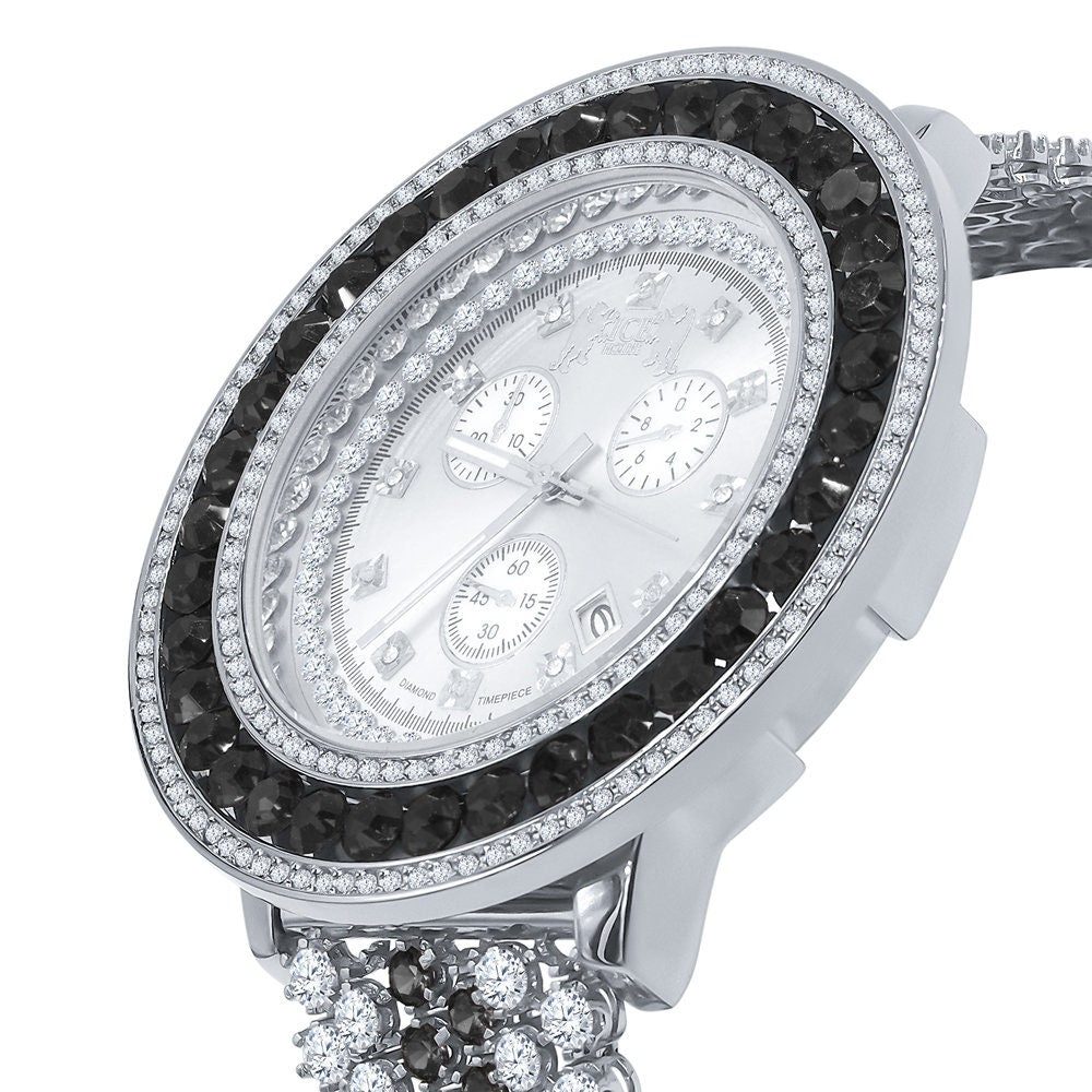 Big XL 60mm Custom Watch White Gold Finish Real Diamond Dial Onyx Black Bezel & Band Stainless Steel Back W/Date