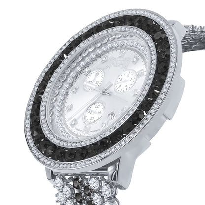 Big XL 60mm Custom Watch White Gold Finish Real Diamond Dial Onyx Black Bezel & Band Stainless Steel Back W/Date