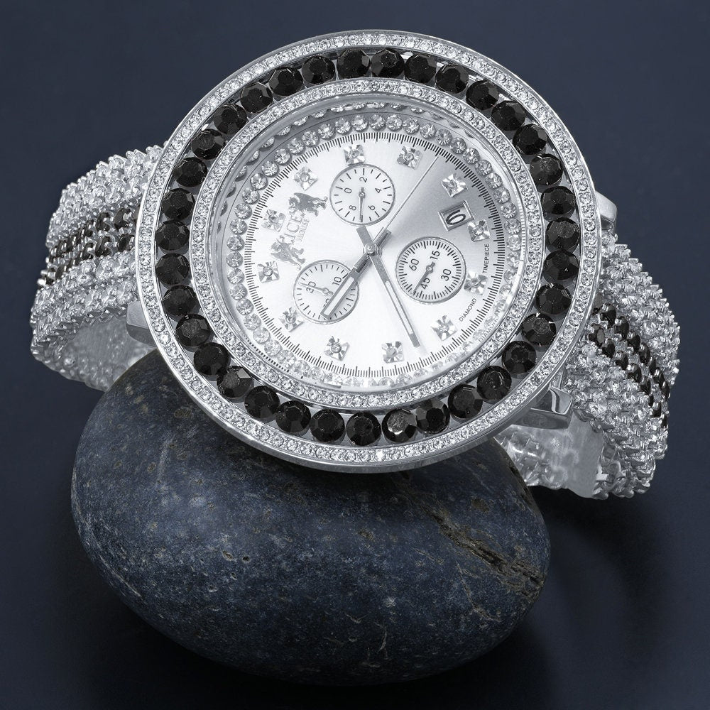 Big XL 60mm Custom Watch White Gold Finish Real Diamond Dial Onyx Black Bezel & Band Stainless Steel Back W/Date