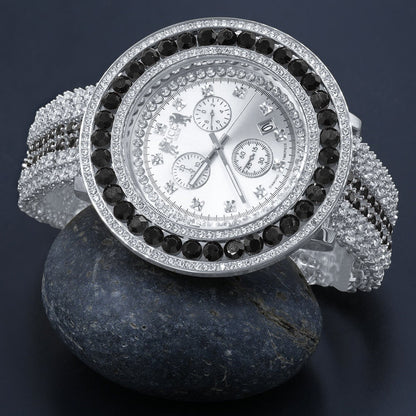 Big XL 60mm Custom Watch White Gold Finish Real Diamond Dial Onyx Black Bezel & Band Stainless Steel Back W/Date