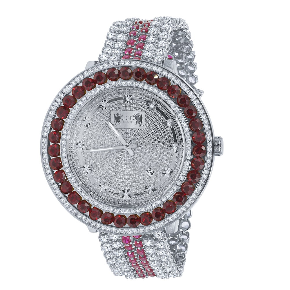 Iced Out Mens Ruby Red Watch 14K Gold Finish Genuine Diamond Dial Khronos Stainless Steel Back W/Date