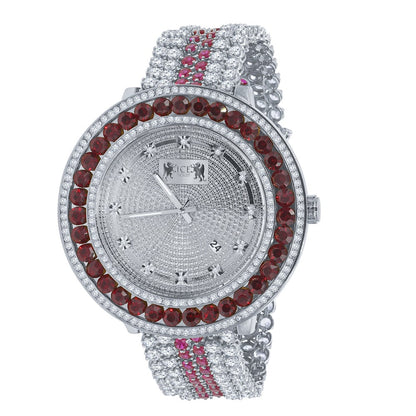 Iced Out Mens Ruby Red Watch 14K Gold Finish Genuine Diamond Dial Khronos Stainless Steel Back W/Date