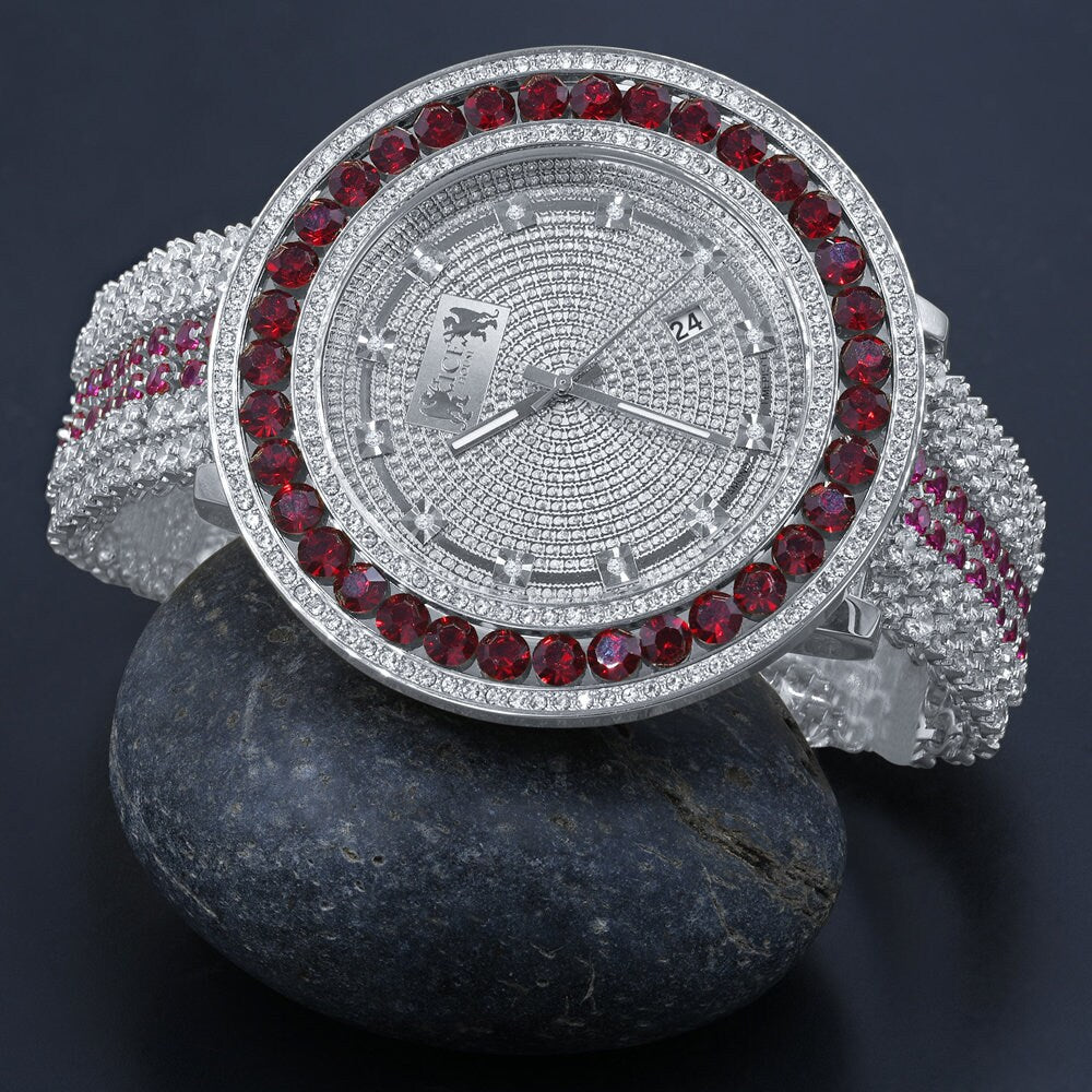 Iced Out Mens Ruby Red Watch 14K Gold Finish Genuine Diamond Dial Khronos Stainless Steel Back W/Date