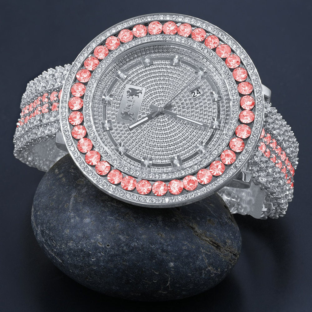 Exclusive Custom Time Piece Celebrity Inspired Lab Diamonds White Gold Tone Iced Out Khronos Jo Rodeo Watch W/Date Function