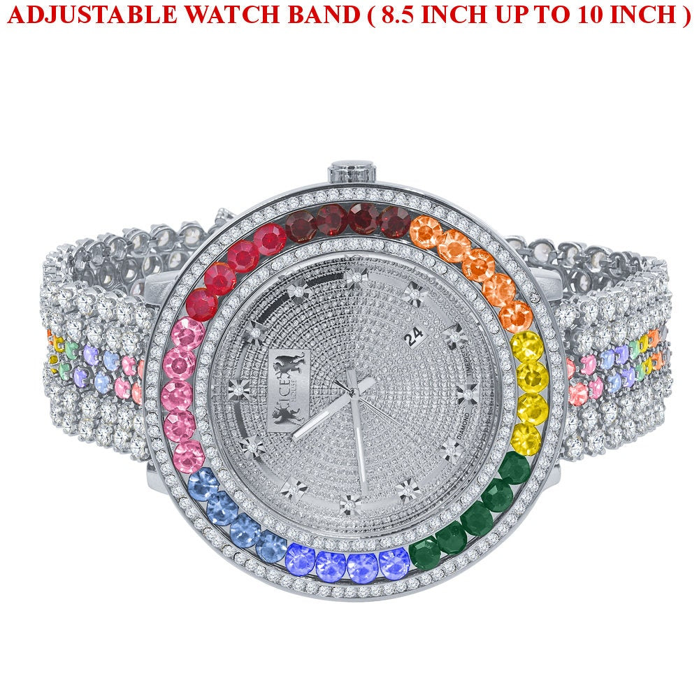 Custom Diamond Dial Rainbow colored Bezel Band White Gold Finish Men's Custom Watch W/Date Function