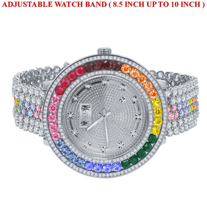 Custom Diamond Dial Rainbow colored Bezel Band White Gold Finish Men's Custom Watch W/Date Function
