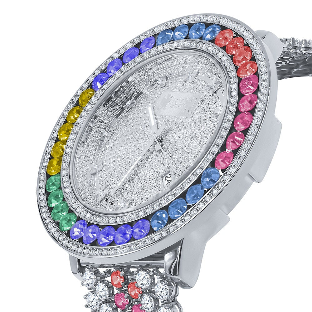 Custom Diamond Dial Rainbow colored Bezel Band White Gold Finish Men's Custom Watch W/Date Function