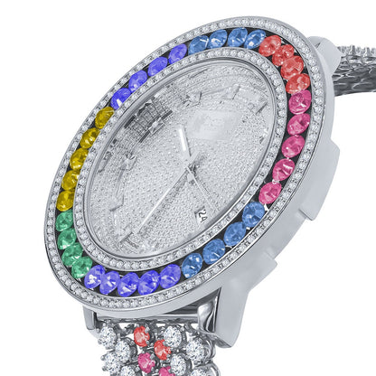 Custom Diamond Dial Rainbow colored Bezel Band White Gold Finish Men's Custom Watch W/Date Function