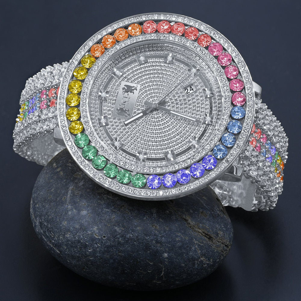 Custom Diamond Dial Rainbow colored Bezel Band White Gold Finish Men's Custom Watch W/Date Function