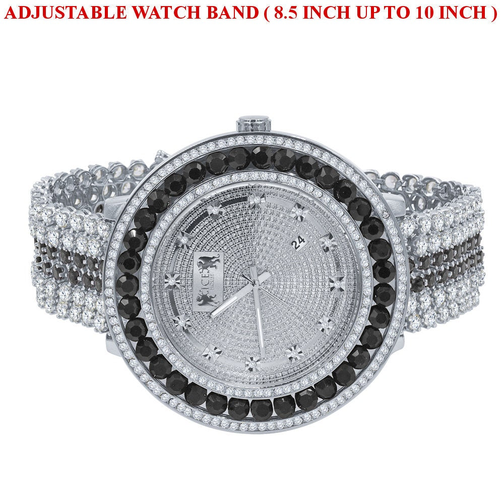 Custom Time Piece Celebrity Inspired Real Diamonds Dial White Gold Tone Iced Out Khronos Onyx Black Watch W/Date Function