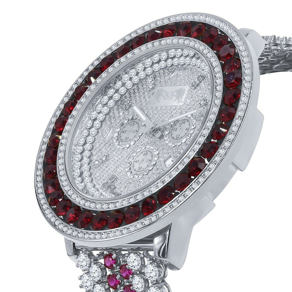 Mens Custom Ruby Red Solitaire Bezel Watch Iced Out Band Date Analog XL 60mm Real Diamonds Dial