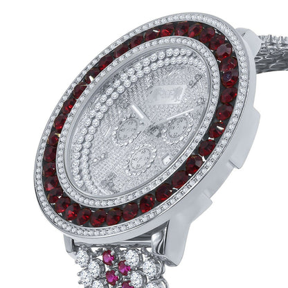 Mens Custom Ruby Red Solitaire Bezel Watch Iced Out Band Date Analog XL 60mm Real Diamonds Dial