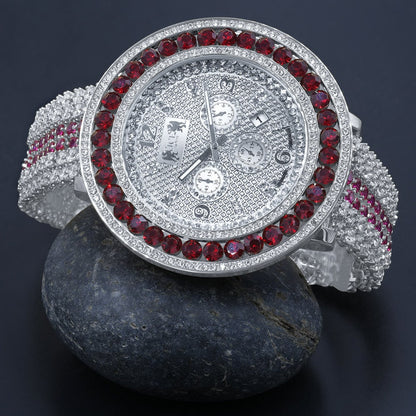 Mens Custom Ruby Red Solitaire Bezel Watch Iced Out Band Date Analog XL 60mm Real Diamonds Dial
