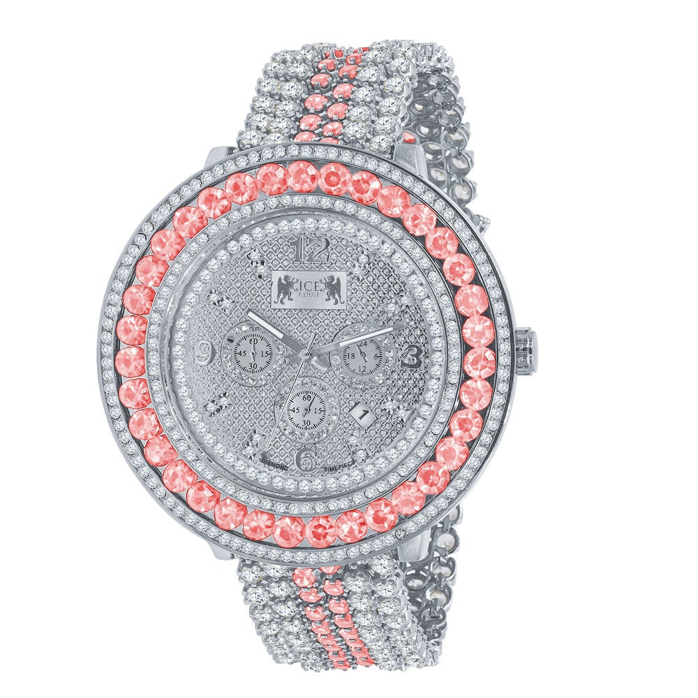 Genuine Diamond Dial Iced Out Mens Pink Watch 18K White Gold Finish Khronos Stainless Steel Back W/Date Function