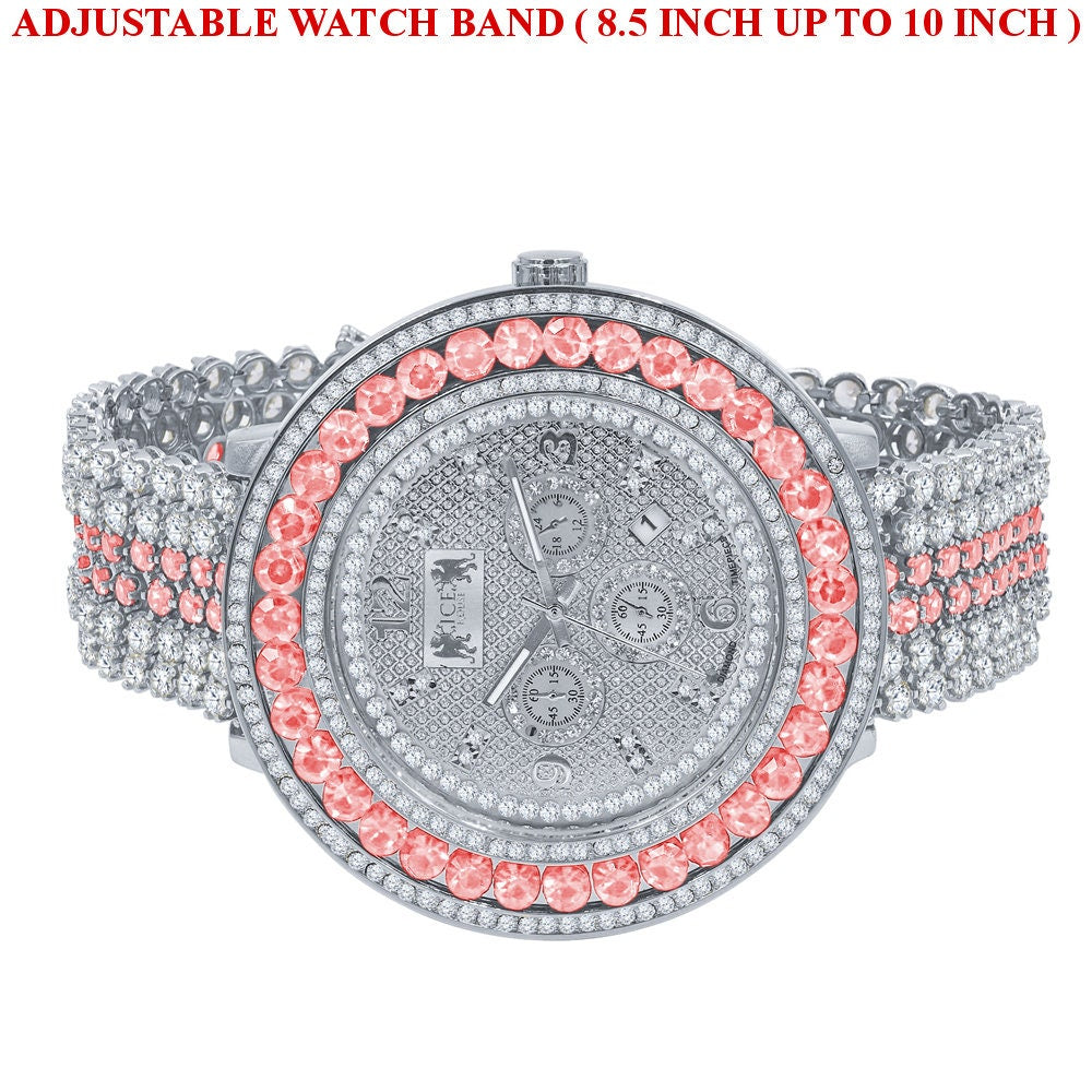 Genuine Diamond Dial Iced Out Mens Pink Watch 18K White Gold Finish Khronos Stainless Steel Back W/Date Function