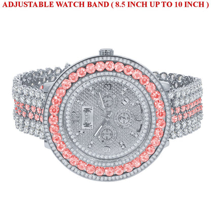 Genuine Diamond Dial Iced Out Mens Pink Watch 18K White Gold Finish Khronos Stainless Steel Back W/Date Function