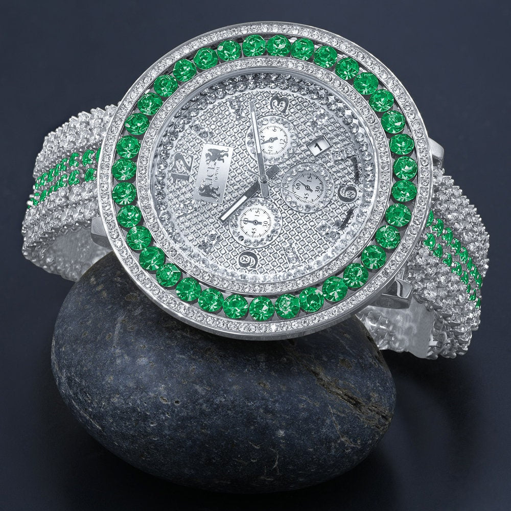 Genuine Diamond Dial Iced Out Mens Green Solitaire Watch 18K White Gold Finish Khronos Stainless Steel Back W/Date Function