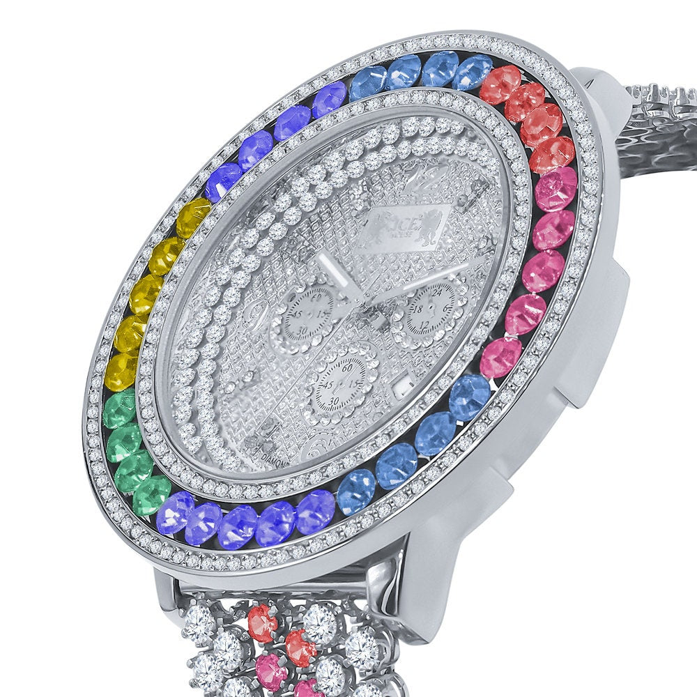 Genuine Diamond Dial Rainbow Solitaire Iced Out Mens Watch 18K White Gold Finish Khronos Stainless Steel Back W/Date