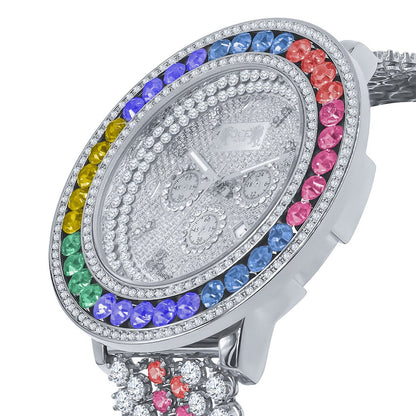 Genuine Diamond Dial Rainbow Solitaire Iced Out Mens Watch 18K White Gold Finish Khronos Stainless Steel Back W/Date