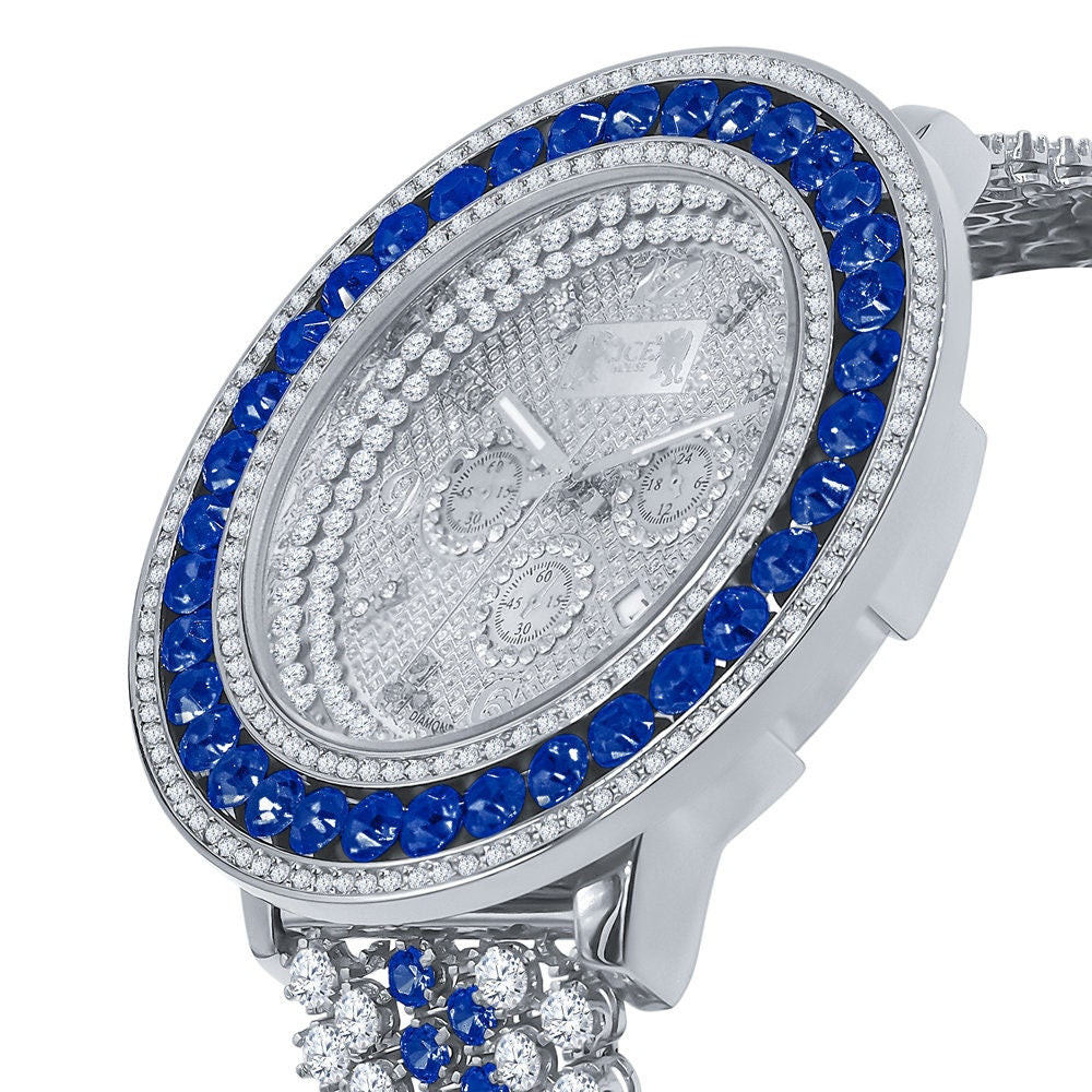 Khronos Stainless Steel Back W/Date Watch Real Diamond Dial Blue Solitaire Iced Out Mens 18K White Gold Finish