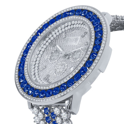 Khronos Stainless Steel Back W/Date Watch Real Diamond Dial Blue Solitaire Iced Out Mens 18K White Gold Finish