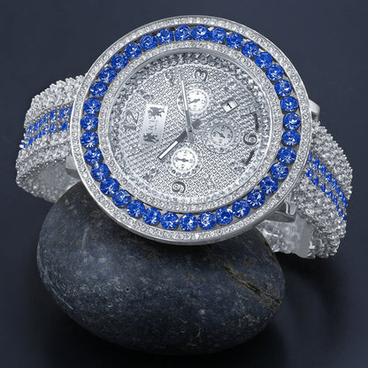 Khronos Stainless Steel Back W/Date Watch Real Diamond Dial Blue Solitaire Iced Out Mens 18K White Gold Finish