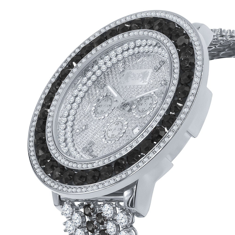 Mens 18K White Gold Finish Stainless Steel Back W/Date Watch Real Diamond Dial Black Solitaire Iced Out