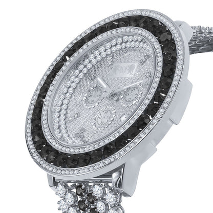 Mens 18K White Gold Finish Stainless Steel Back W/Date Watch Real Diamond Dial Black Solitaire Iced Out