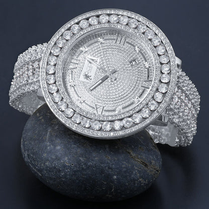 Mens Iced Out Watch W/Date Roman Face Solid Steel 18K White Gold Tone Custom Band Solitaire Bezel