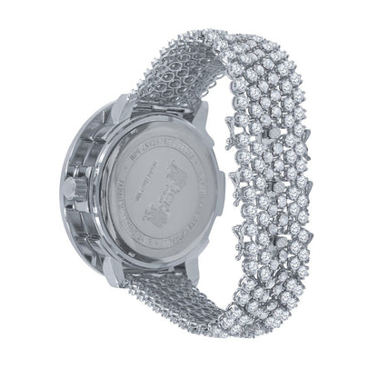 Mens Iced Out Watch W/Date Roman Face Solid Steel 18K White Gold Tone Custom Band Solitaire Bezel
