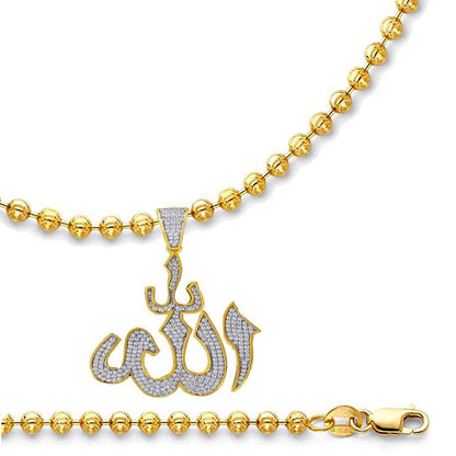 14K Real Gold Over Real Genuine Sterling Silver Simulated Diamond Allah God Muslim Pendant Islamic Arabic Unisex Charm Chain Neckless Set