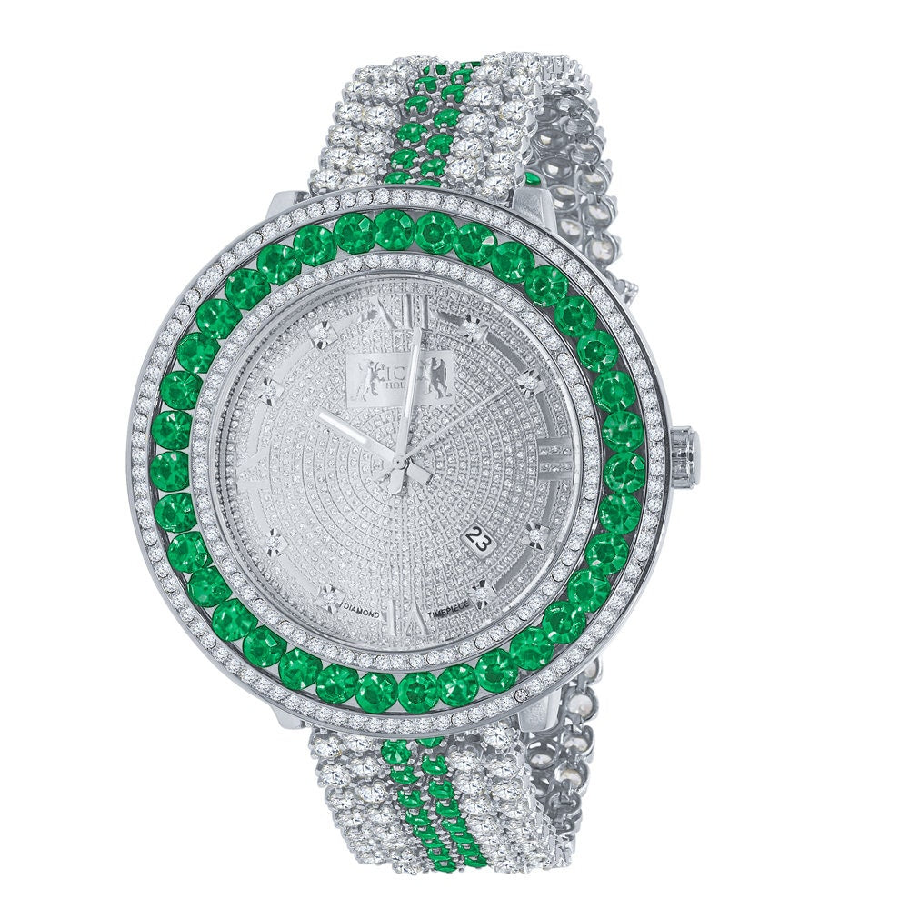Green Solitaire Jo Rodeo Khronos Mens Diamond Dial Watch Roman Numeral Face White Gold Finish W/Date